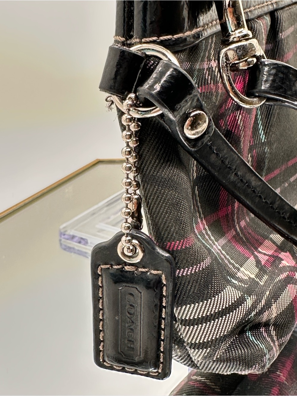 Coach Black Plaid Wristlet with Pink Accent - Picture 3 of 5